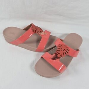 New FitFlop Lottie Jungle Leaf Coral Pink Gold Patent Slide Sandal Women 9 Beach